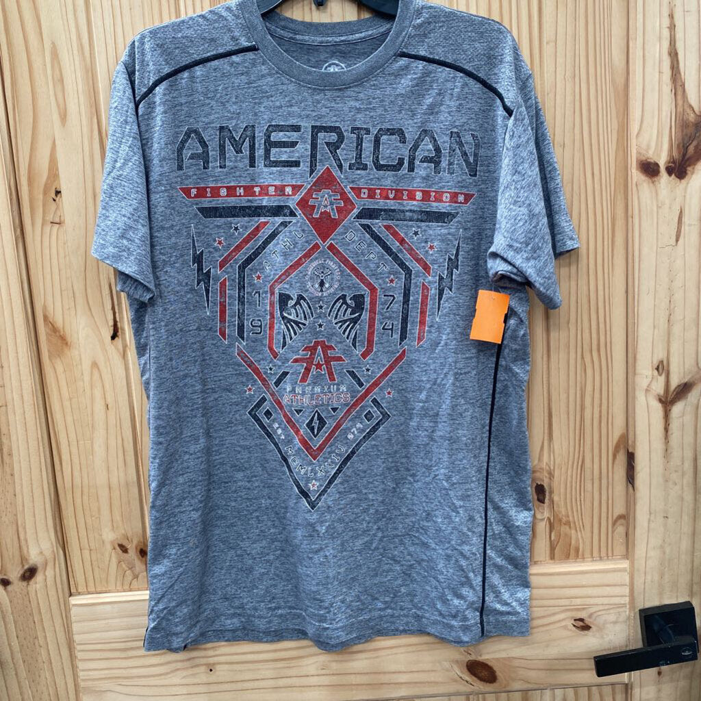 MENS AMERICAN FIGHTER SHIRT GREY/RED/BLK XL