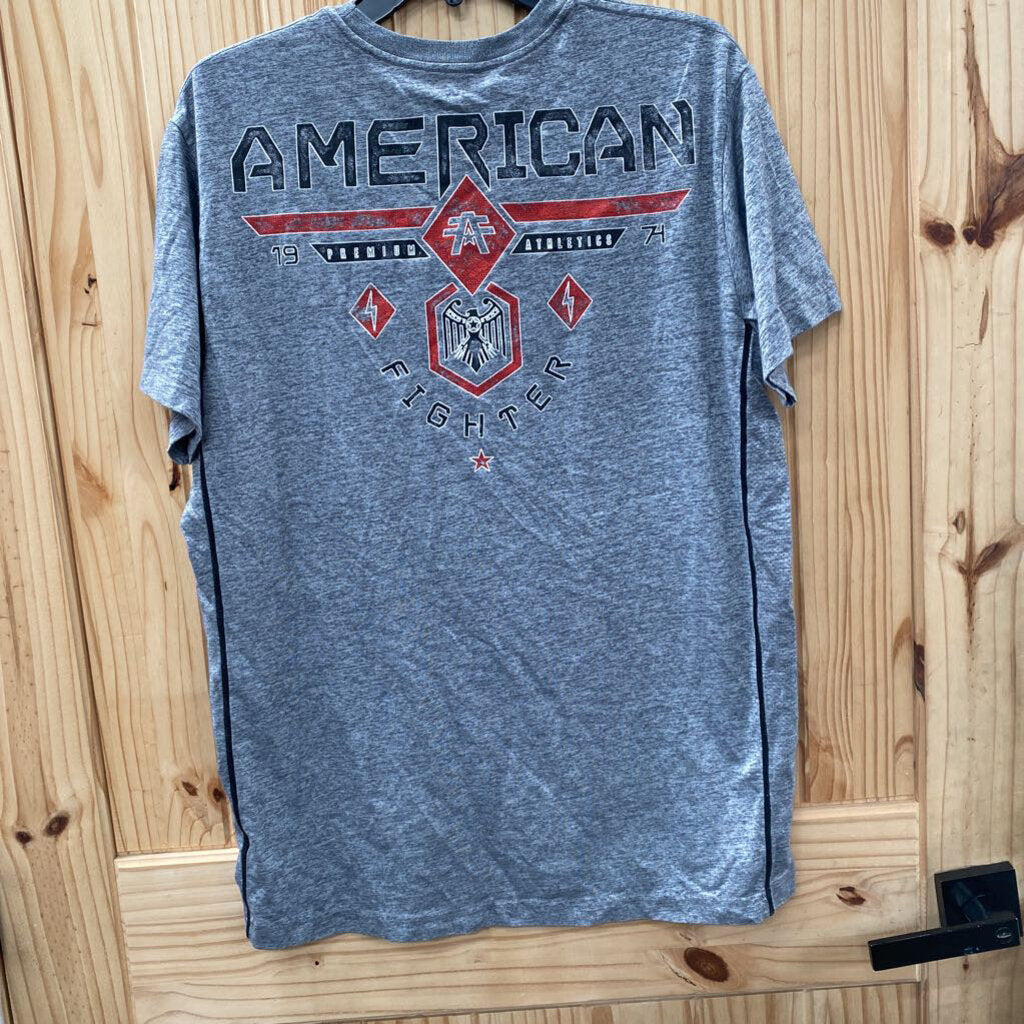 MENS AMERICAN FIGHTER SHIRT GREY/RED/BLK XL
