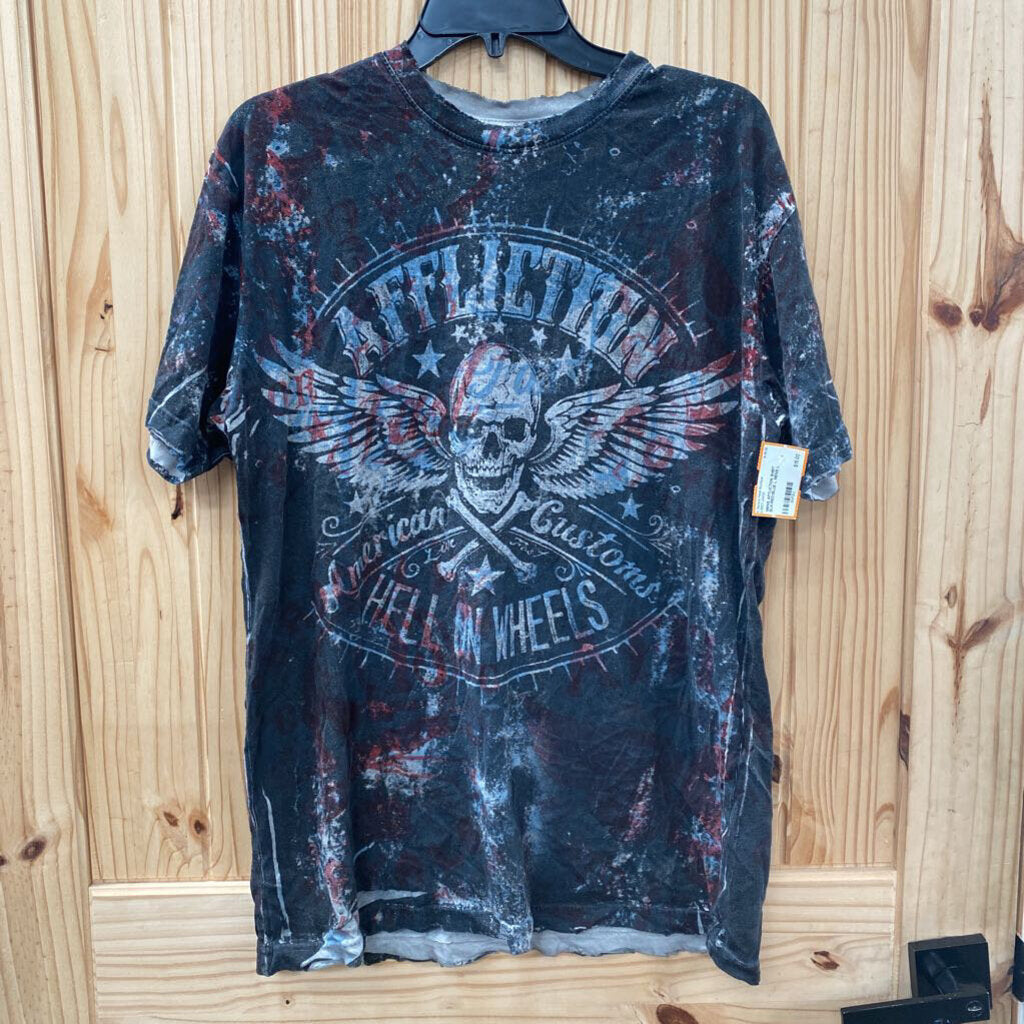 MENS AFFLICTION SHIRT BLK/RED/BLUE L