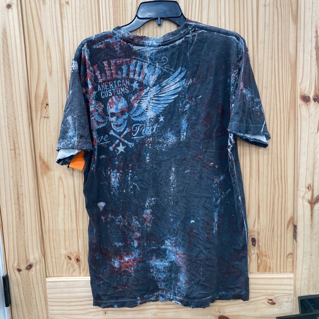 MENS AFFLICTION SHIRT BLK/RED/BLUE L
