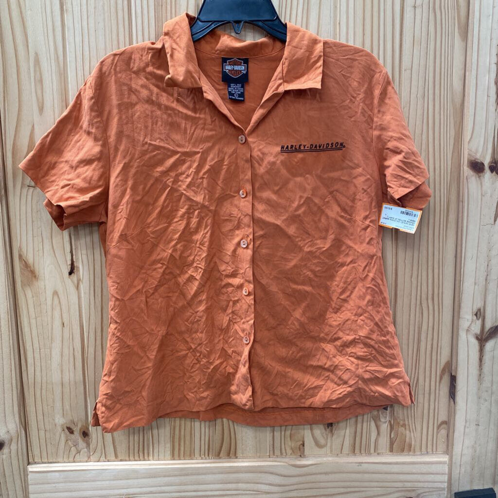WOMENS HARLEY DAVIDSON BURNT ORANGE BUTTON UP SHIRT L