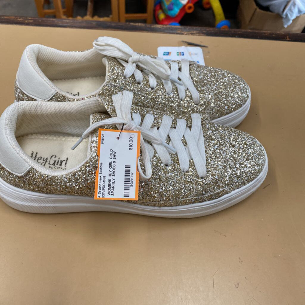 WOMENS HEY GIRL GOLD SPARKLY SHOES 9