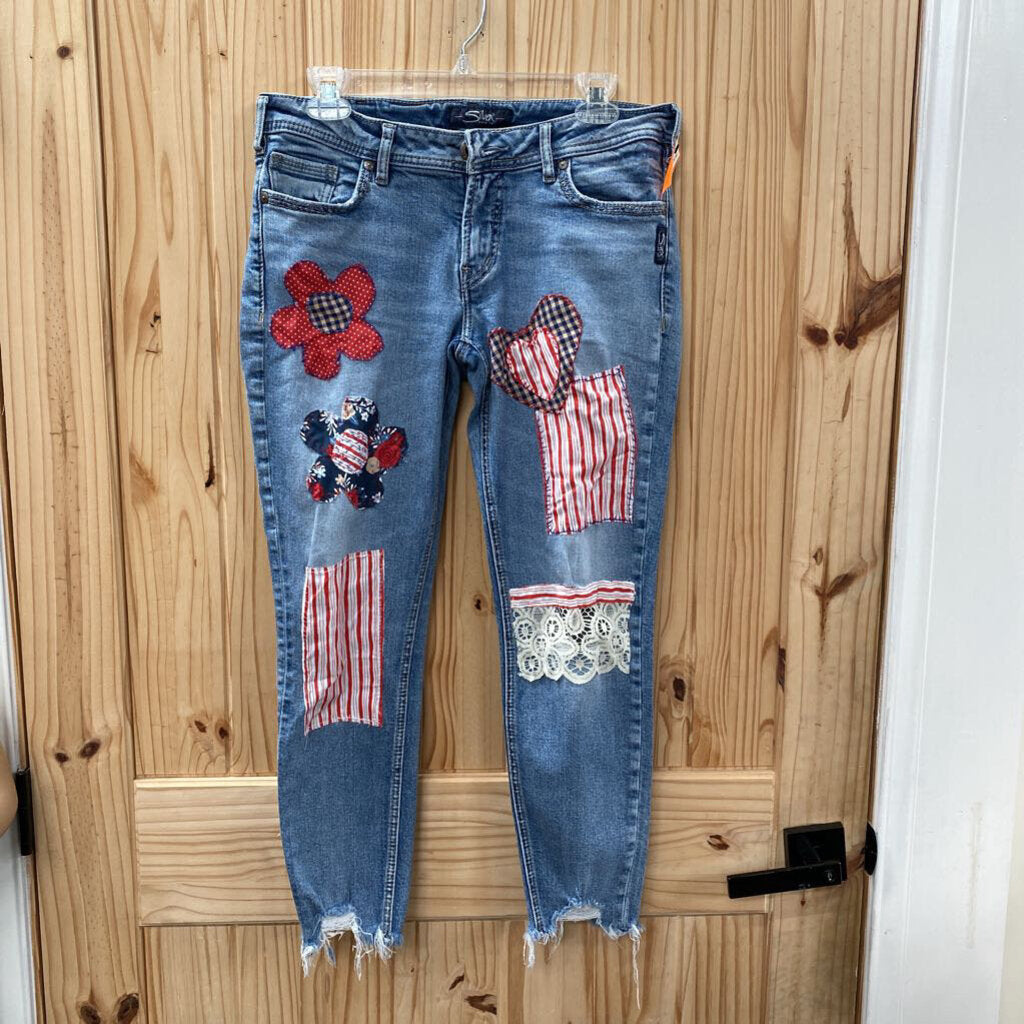 WOMENS SILVER DENIM JEANS W/PATCHWORK DESIGN 31