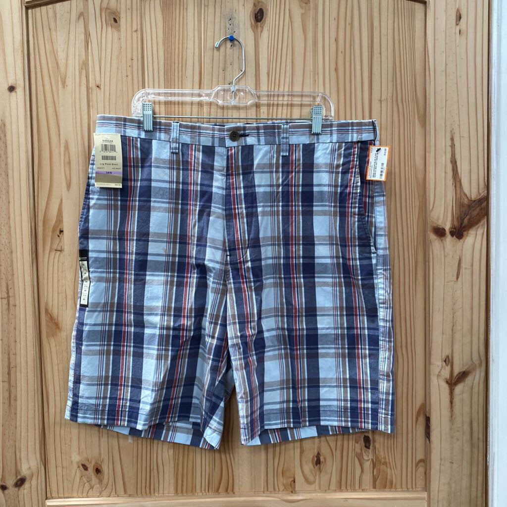 MENS HAGGAR BLUE PLAID SHORTS 38W NWT