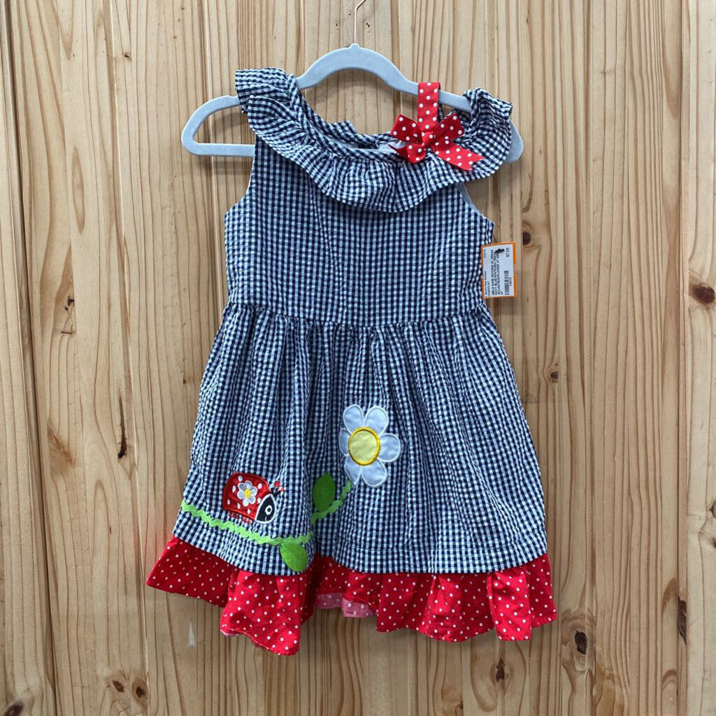 GIRLS RARE EDITIONS SL DRESS NAVY BLUE/WHITE/RED DRESS W/LADYBUG/FLOWER 4T