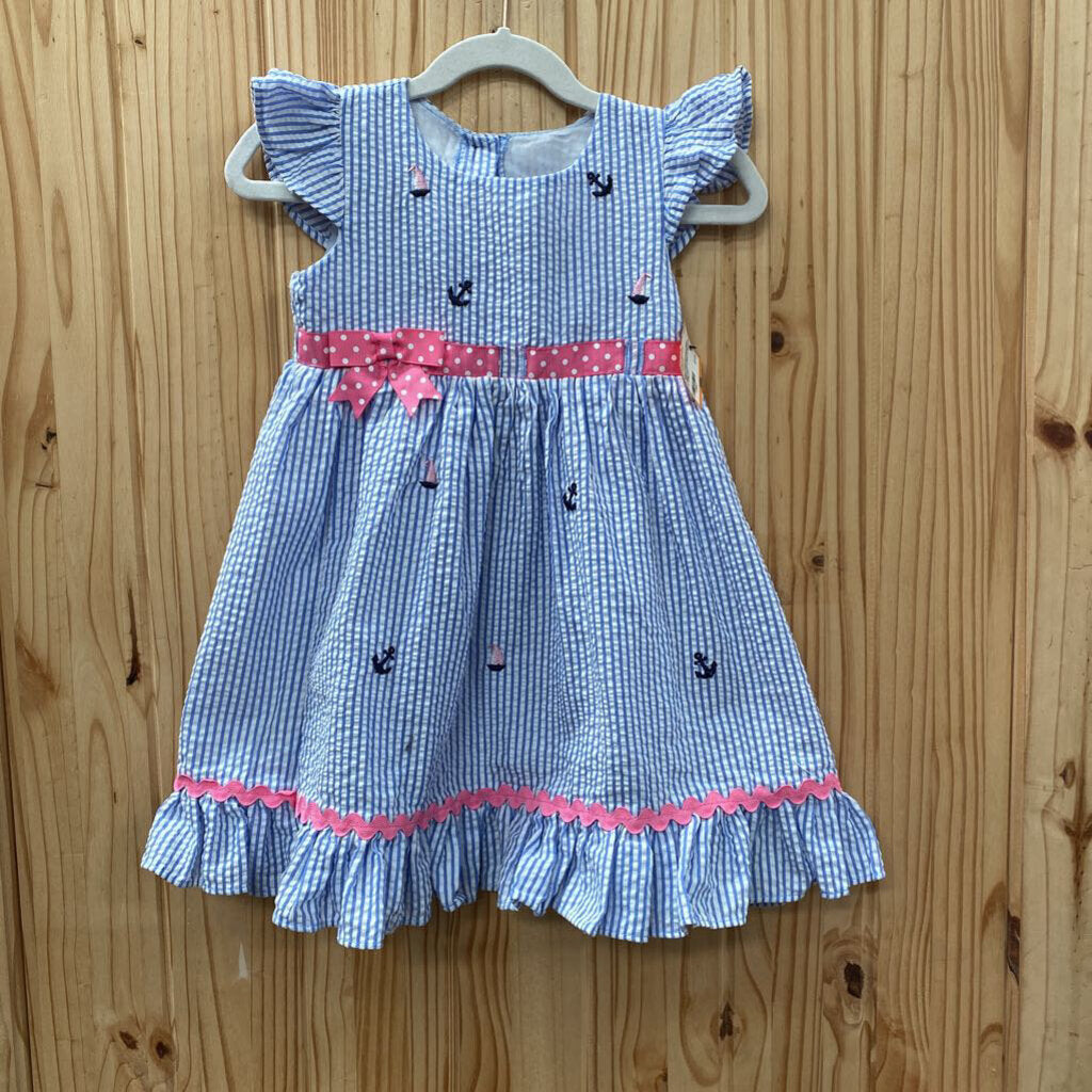 GIRLS RARE EDITIONS DRESS LINEN/WHITE STRIPE W/ANCHORS 4T