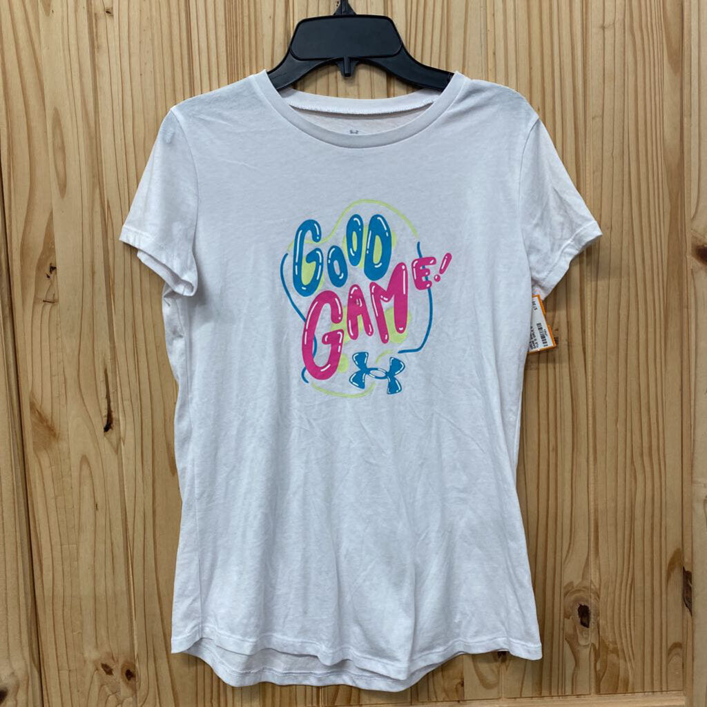 GIRLS UNDER ARMOOUR GOOD GAME SHIRT WHITE/CYAN/PINK YLG 12