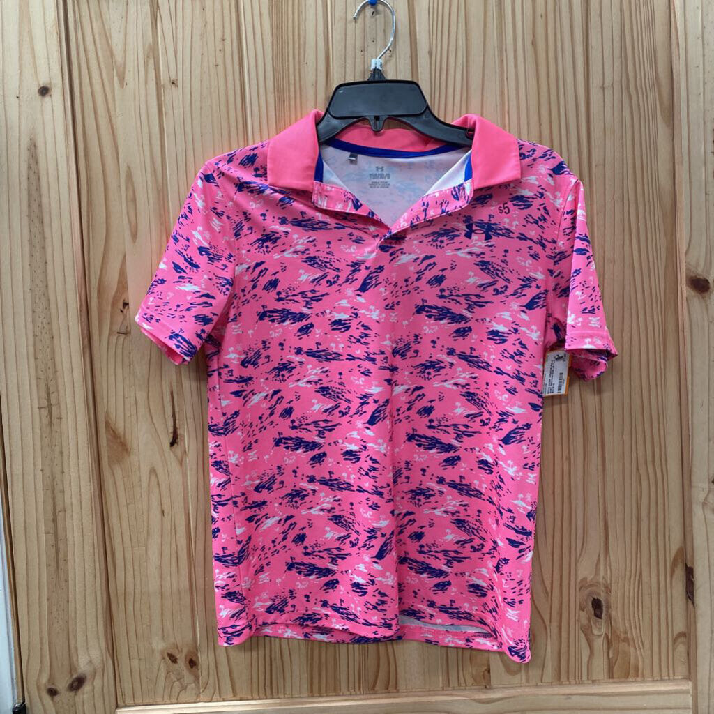 BOYS UNDER ARMOUR POLO SHIRT PINK/WHITE/BLUE YLG 12