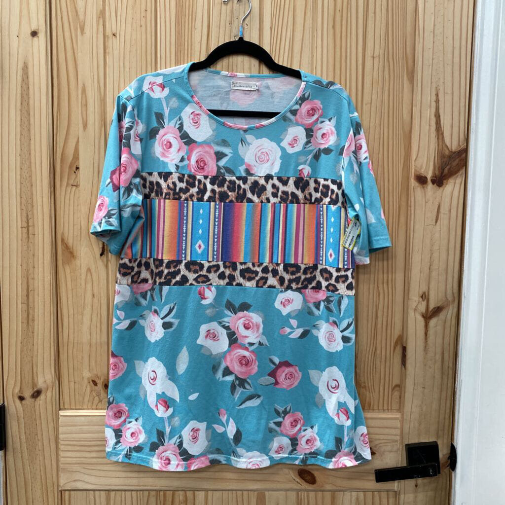 WOMENS SOUTHERN STITCH SKY BLUE/LEOPARD TOP XL