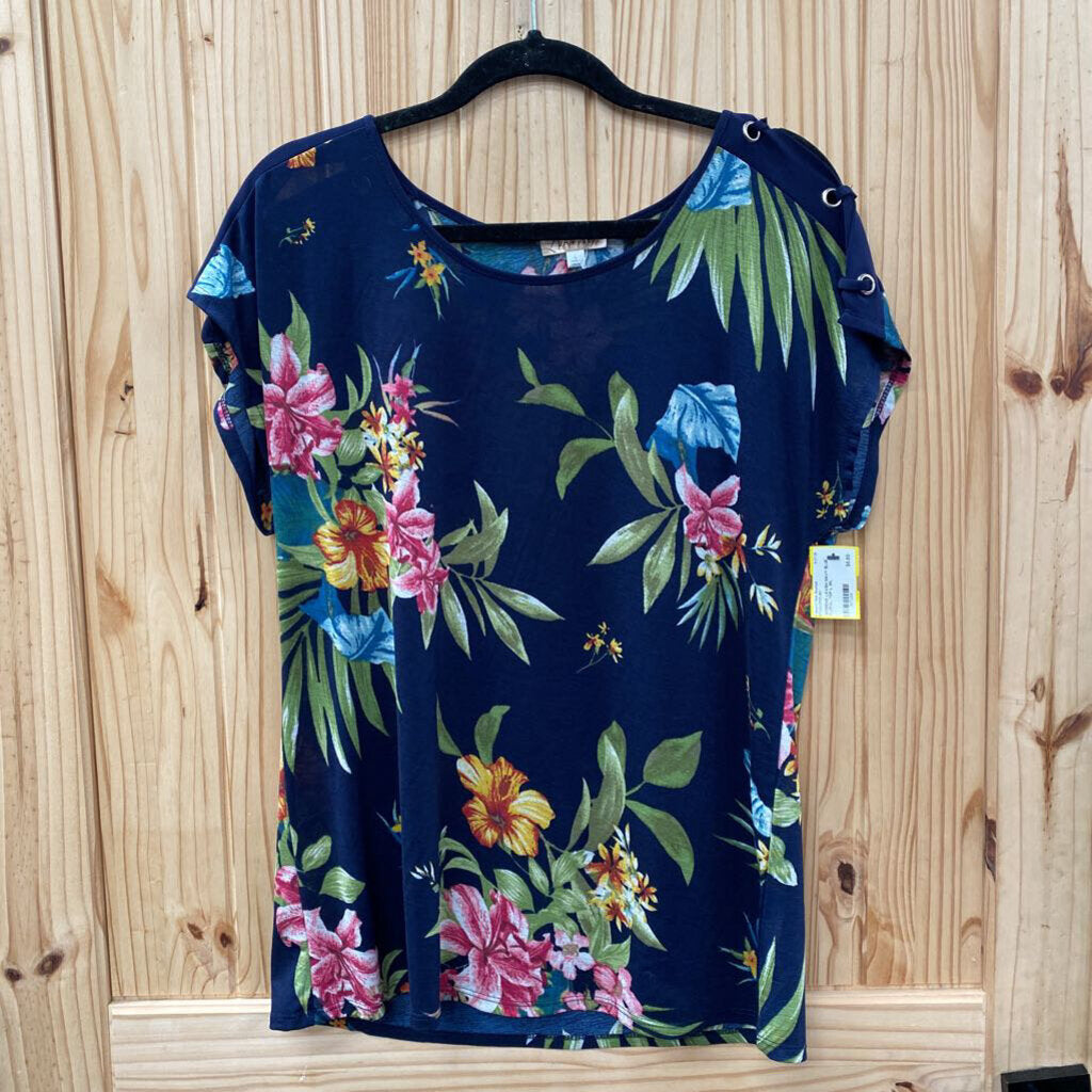WOMENS LAVISH NAVY BLUE FLORAL TOP L