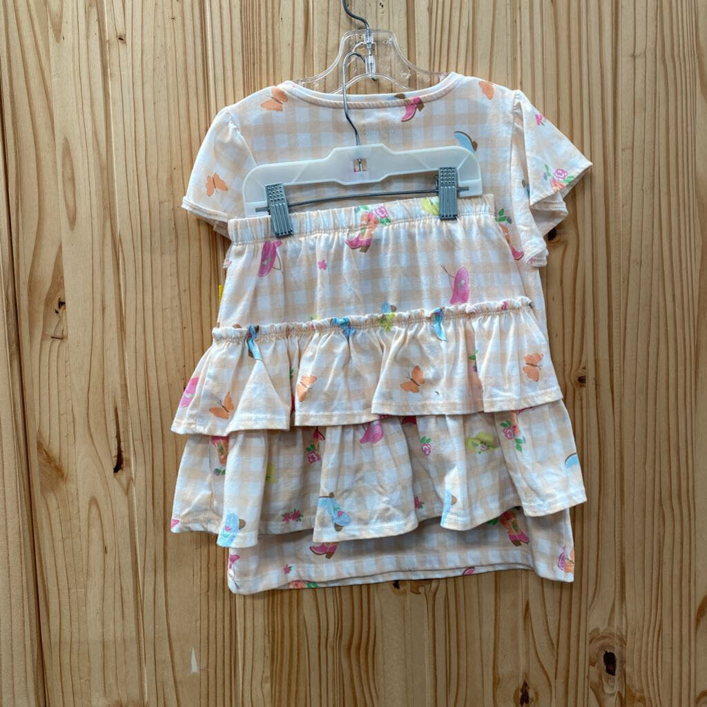GIRLS 365 KIDS 2PC SET PEACH/WHITE CHECKERED W/HATS/BOOTS/FLOWERS 10