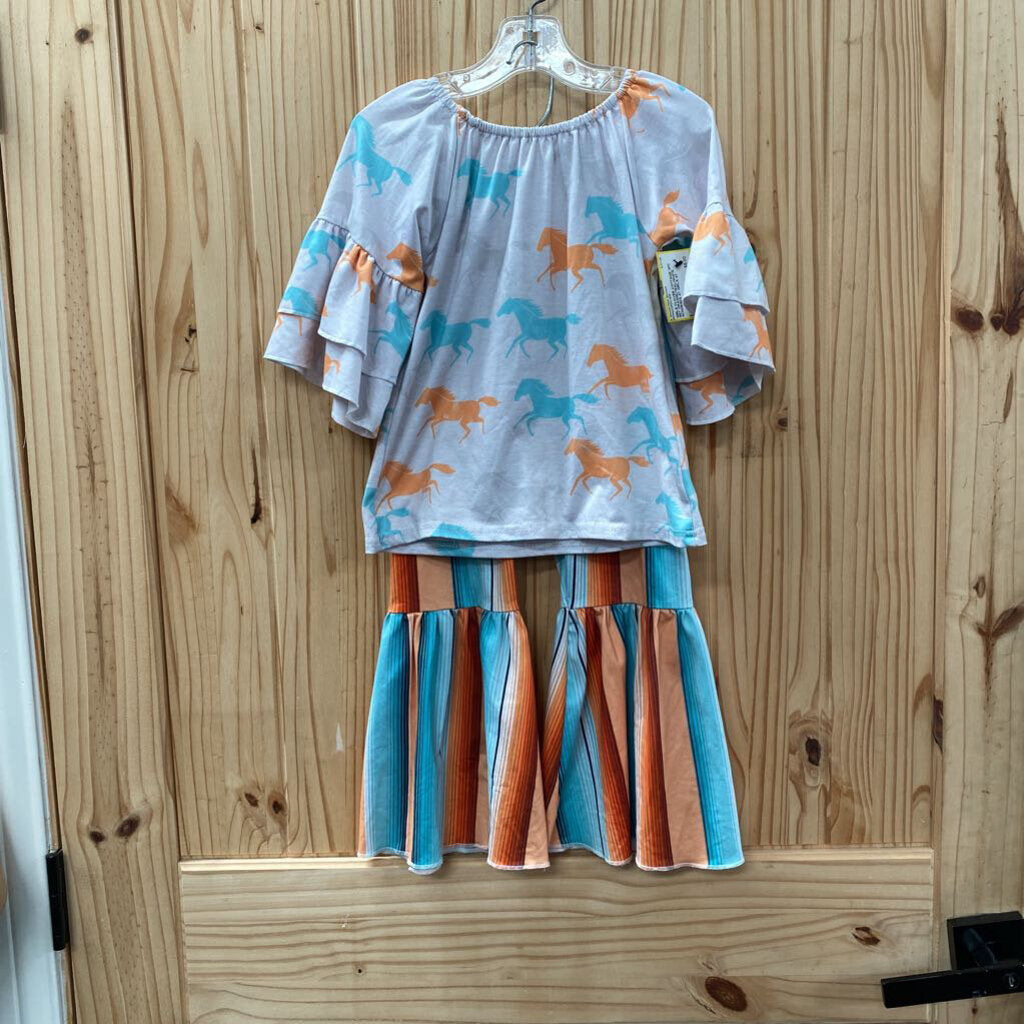 GIRLS CLOVER COTTAGE 2PC SET ORANGE/TEAL/WHITE W/HORSES 4T