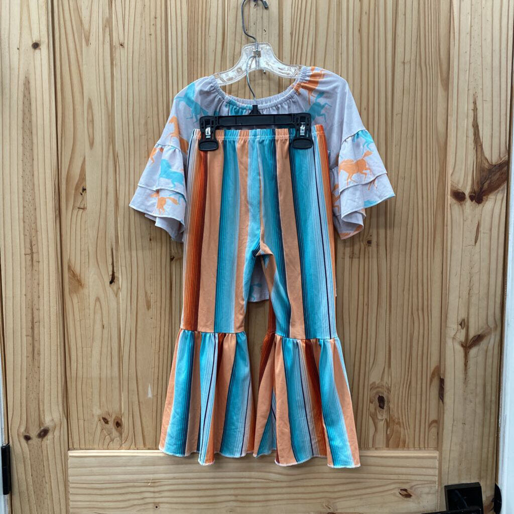 GIRLS CLOVER COTTAGE 2PC SET ORANGE/TEAL/WHITE W/HORSES 4T