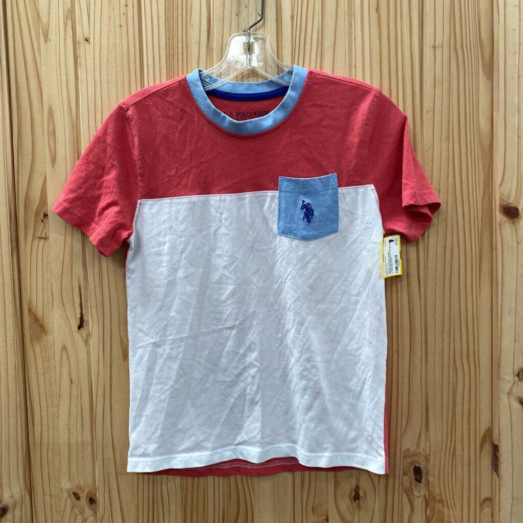 BOYS US POLO SHIRT CORAL/WHITE/NAVY BLUE SHIRT L 10/12