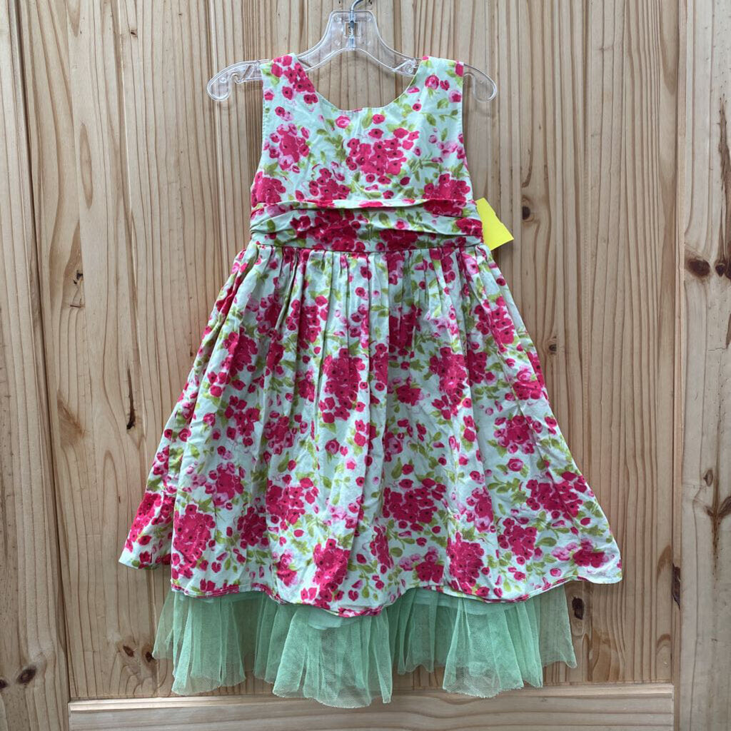 GIRLS YOUNG LAND SL DRESS LT GREEN/DK PINK W/FLOWERS 5