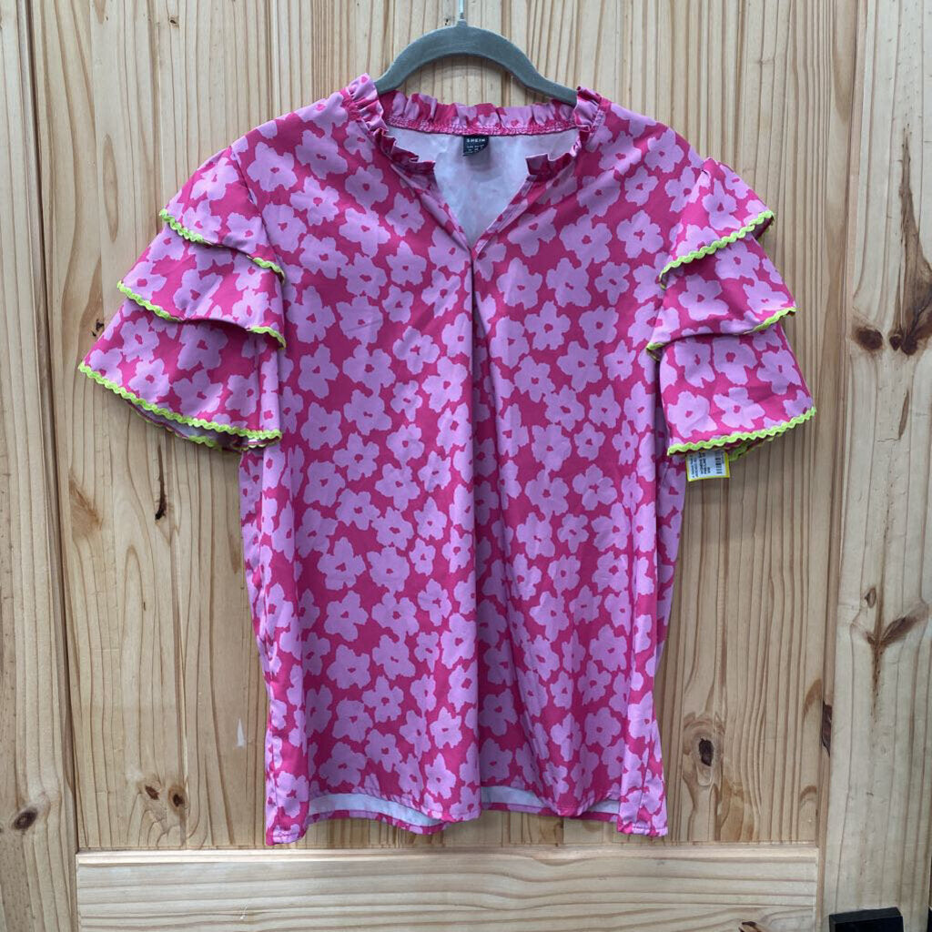 WOMENS SHEIN CASUAL TOP DK PINK/LIME GREEN W/FLOWERS M