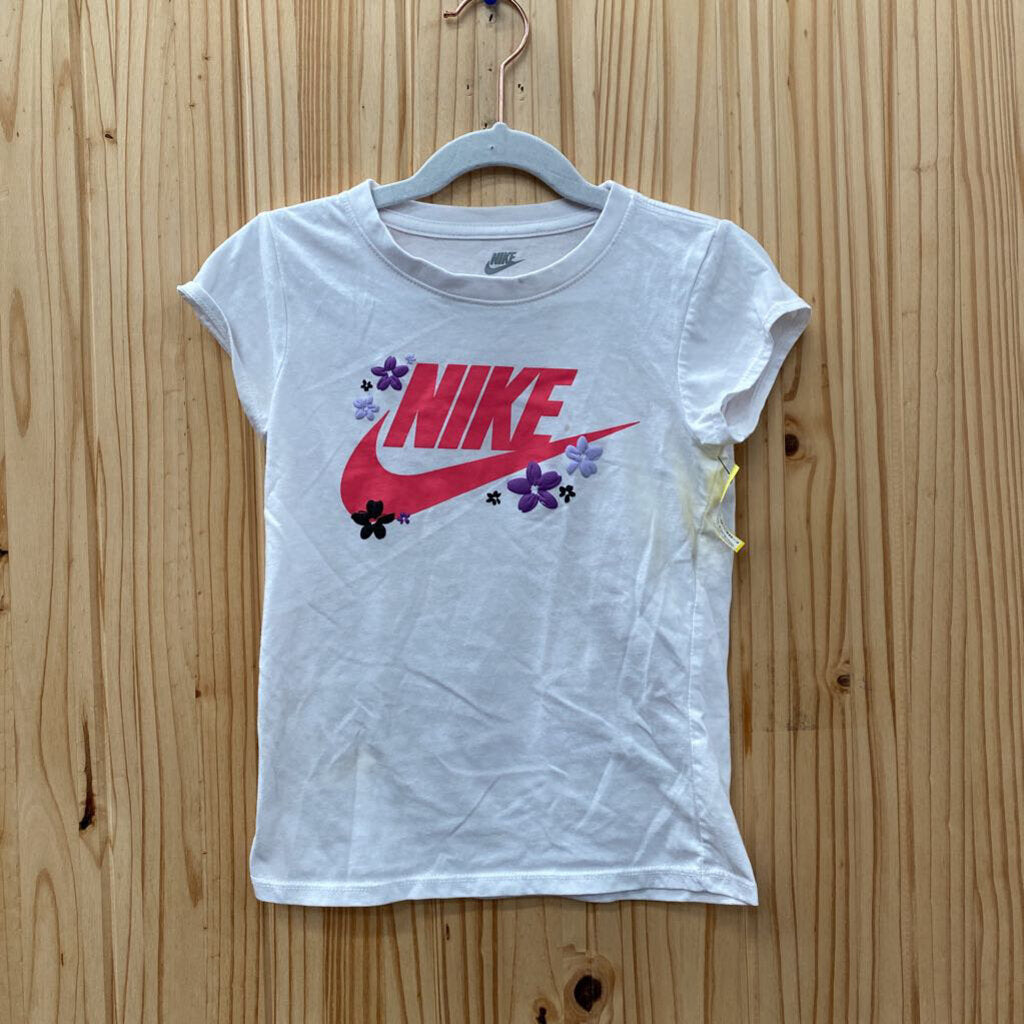 GIRLS NKE SHIRT WHITE/PINK W/PURPLE FLOWERS 6X