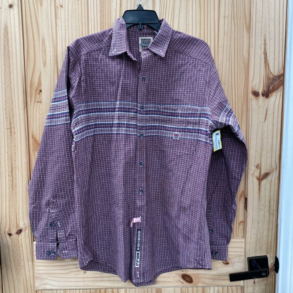 MENS ROUGH STOCK PANHANDLE LS WINE/WHITE/NAY BLUE BUTTON UP SHIRT M