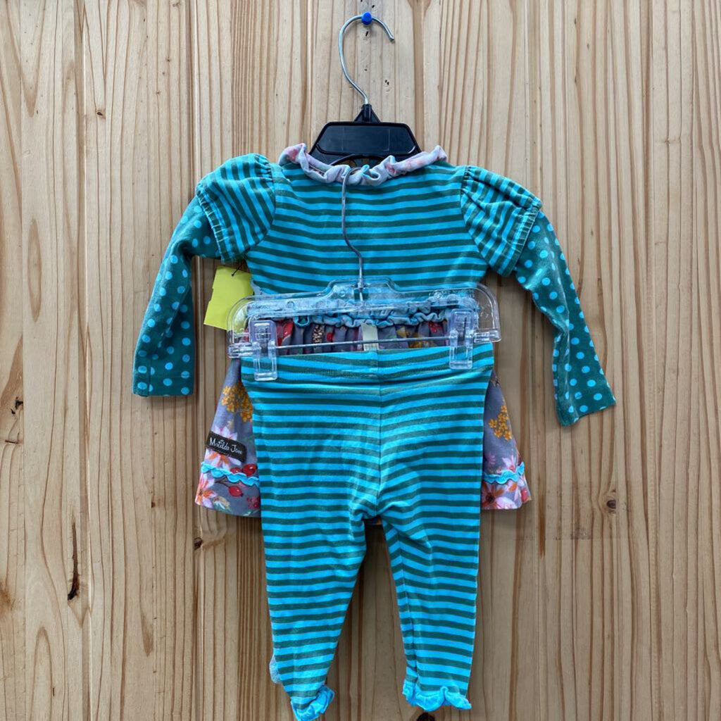 GIRLS MATILDA JANE 2PC SET GREEN/BLUE STRIPE W/FLOWERS 3/6M
