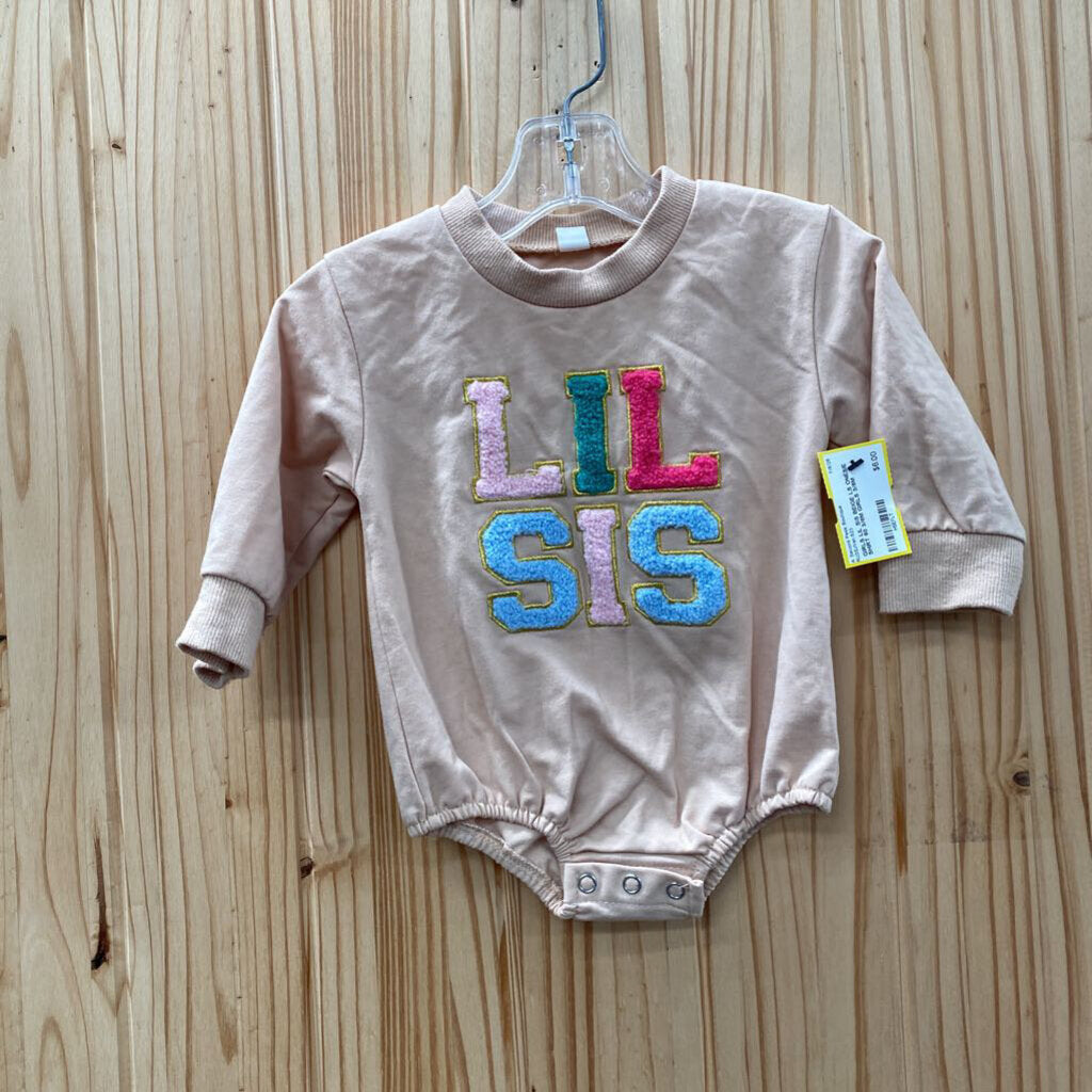 GIRLS LIL SIS BEIGE LS ONESIE SHIRT 60 3/6M