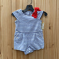 GIRLS JANIE & JACK BLUE/WHITE STRIPE ROMPER W/RED BOW 3/6M
