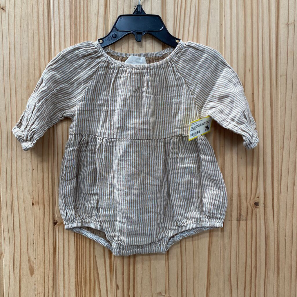 GIRLS VIGNETTE TAUPE/WHITE STRIPE LS ONESIE SHIRT 9/12M
