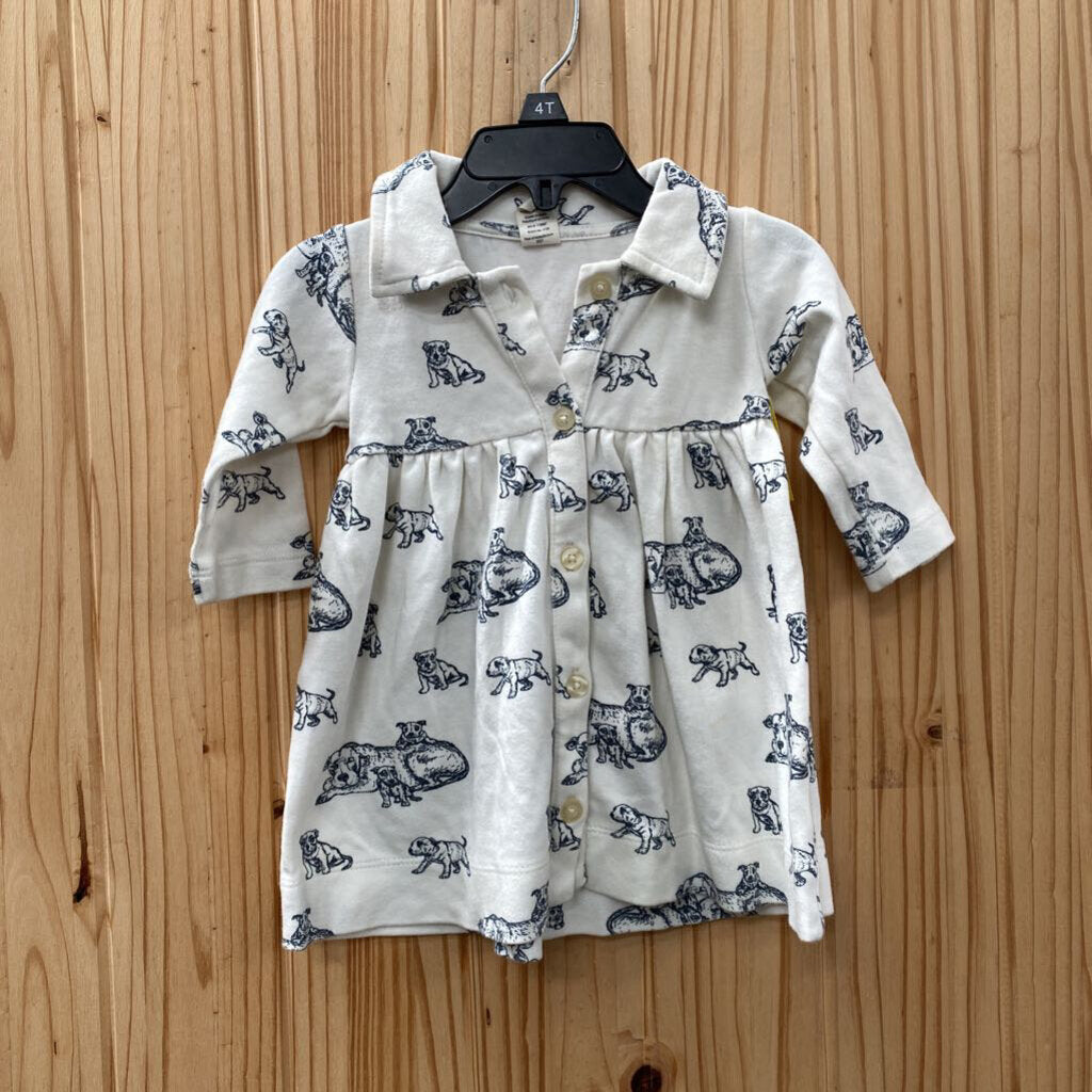 GIRLS KATE QUINN LS DRESS BLK/WHITE W/DOGS 6/12M