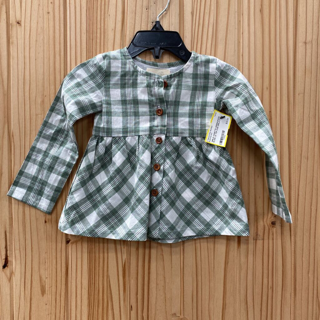 GIRLS VIGNETTE GREEN/WHITE PLAID LS TOP 0/3M
