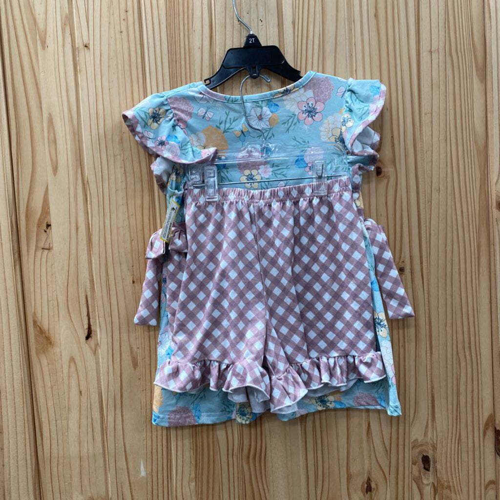GIRLS MARIE NICOLE 2PC SET LT BLUE FLORAL/MAUVE/WHITE CHECKERED XL 6