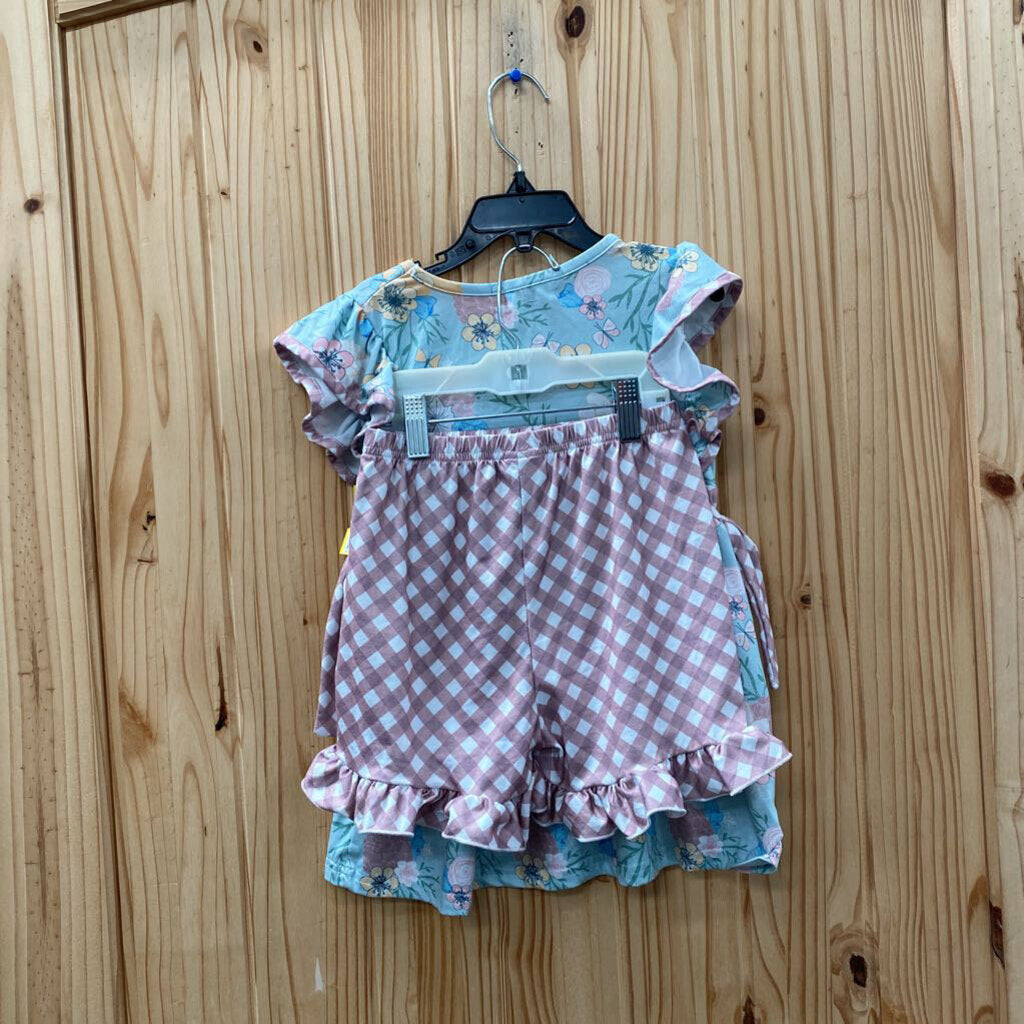 GIRLS MARIE NICOLE 2PC SET LT BLUE FLORAL/MAUVE/WHITE CHECKERED XL 6