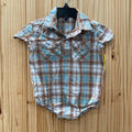 BOYS WRANGLER TAN/AQUA PEARL SNAP ONESIE SHIRT 24M