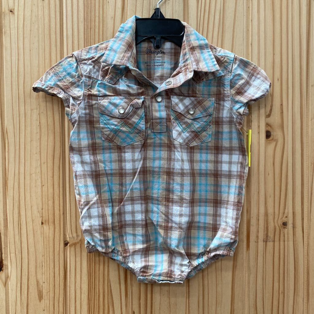 BOYS WRANGLER TAN/AQUA PEARL SNAP ONESIE SHIRT 24M