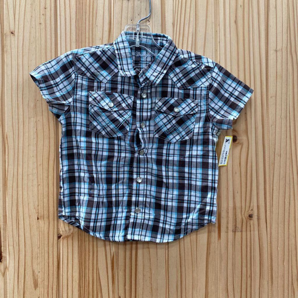 BOYS WRANGLER BROWN/WHITE/SKY BLUE PEARL SNAP SHIRT 2T