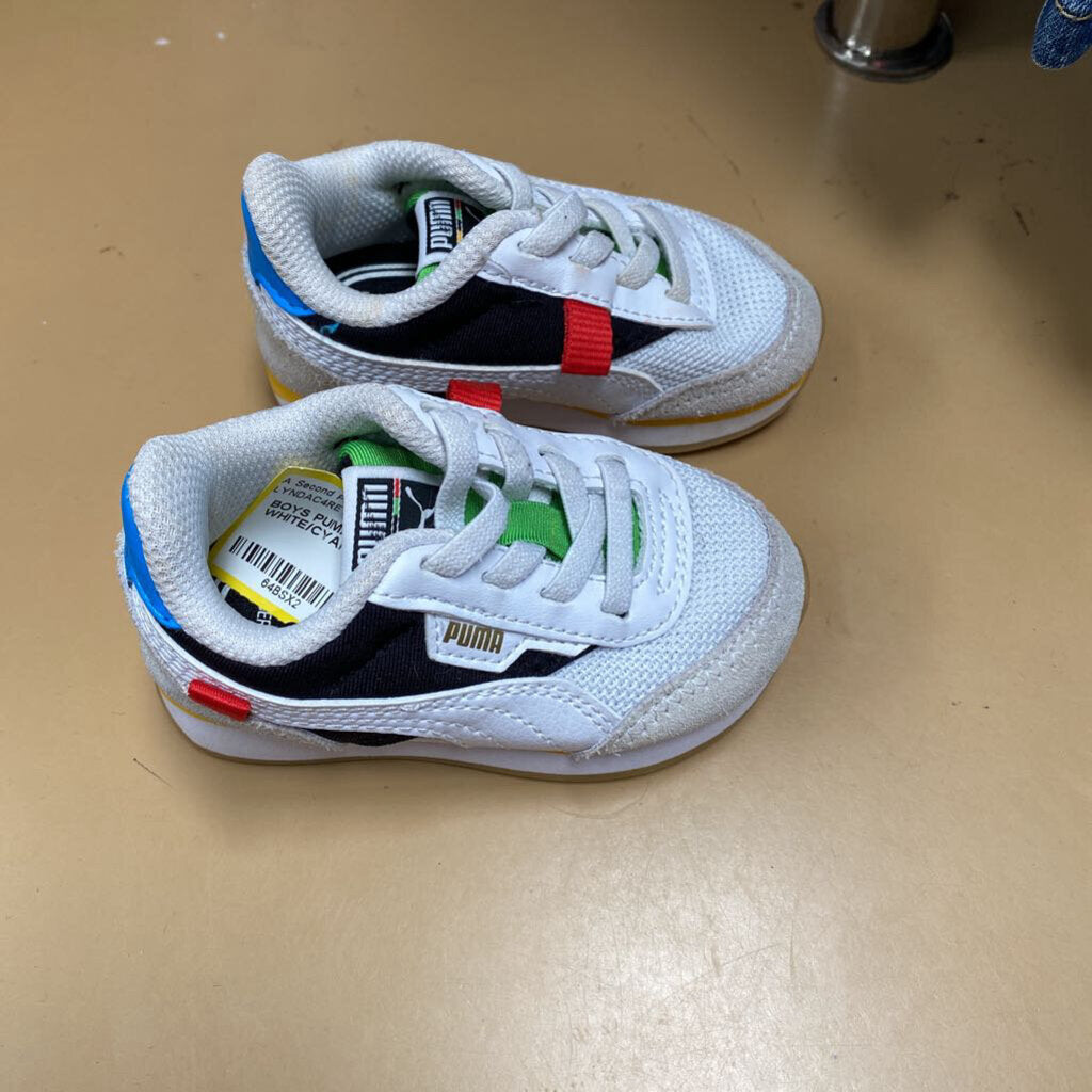 BOYS PUMA SHOES WHITE/CYAN/YELLOW 4C