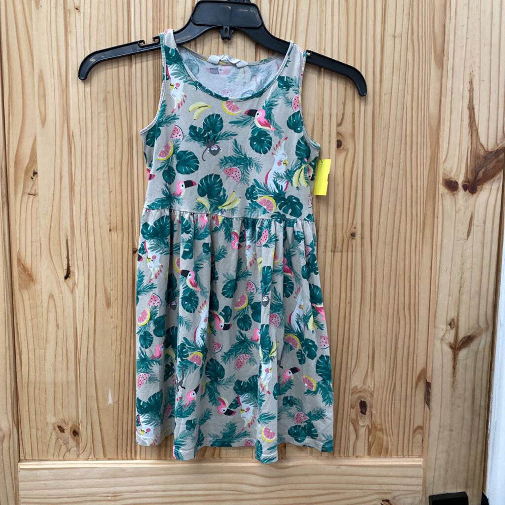 GIRLS H & M SL DRESS TAUPE/GREEN W/ANIMALS 8/10