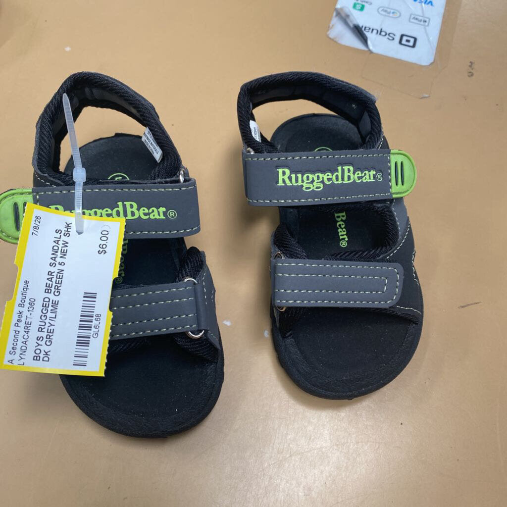 BOYS RUGGED BEAR SANDALS DK GREY/LIME GREEN 5 NEW