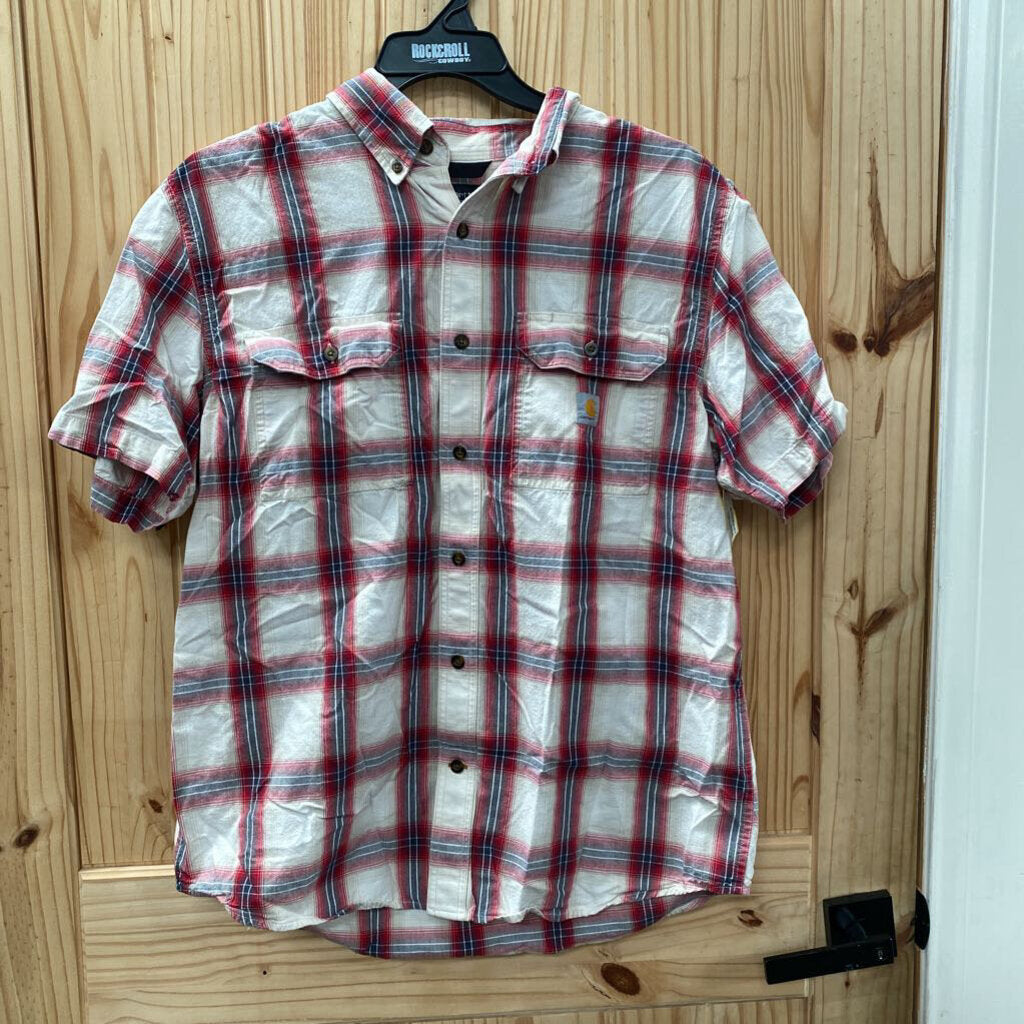 MENS CARHARTT RED/WHITE/GREY PLAID BUTTON UP SHIRT L