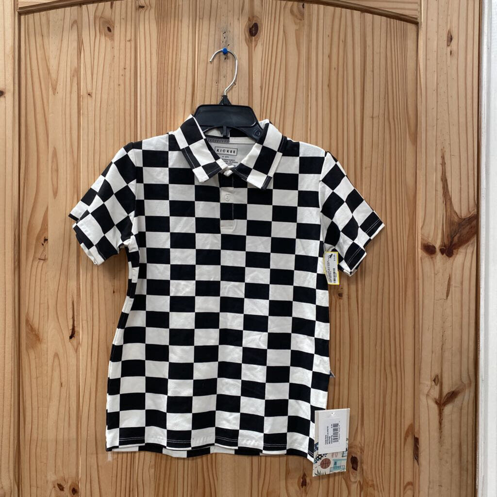 BOYS KICKEE BLK/WHITE CHECKERED POLO SHIRT M 8/10 NWT
