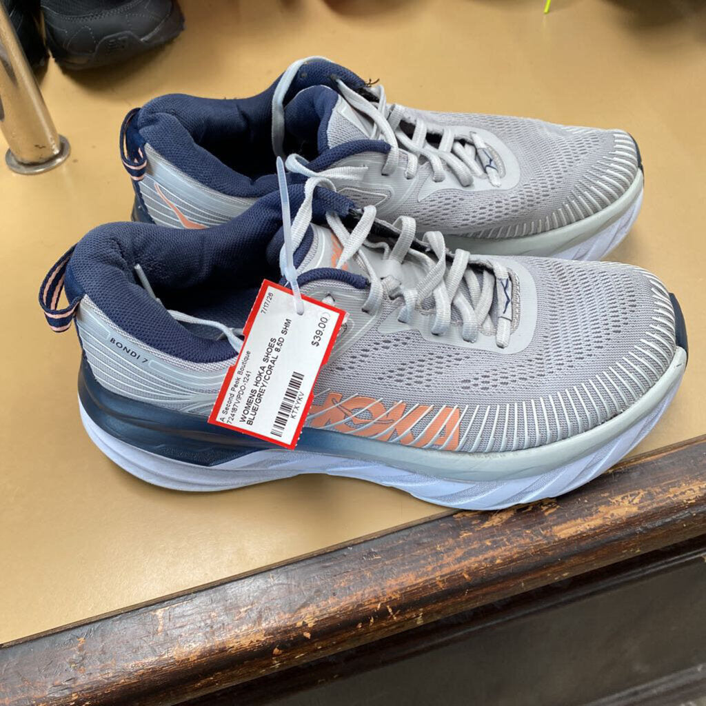 WOMENS HOKA SHOES BLUE/GREY/CORAL 8.5D