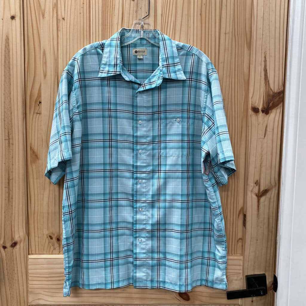 MENS HAGGAR TURQUOISE/WHITE/BLK PLAID BUTTON UP SHIRT L