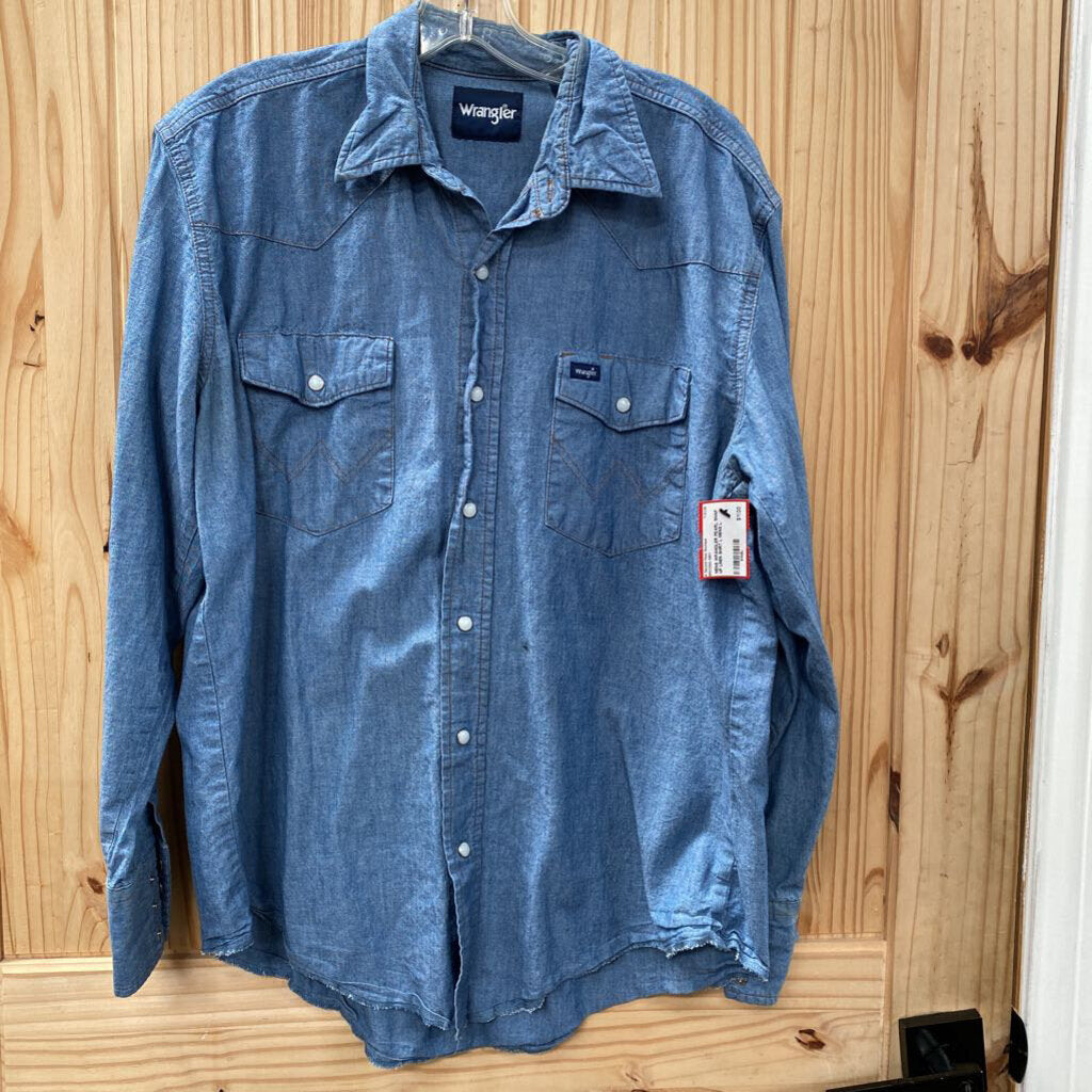 MENS WRANGLER PEARL SNAP UP LINEN SHIRT L (HAS SPOT @ FRONT)