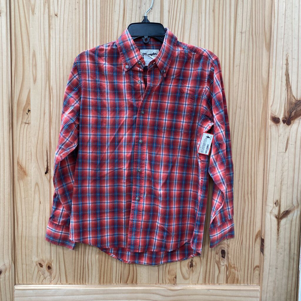 BOYS WRANGLER RIATA RED/TURQUOISE/BLK PLAID LS BUTTON UP SHIRT L 10/12