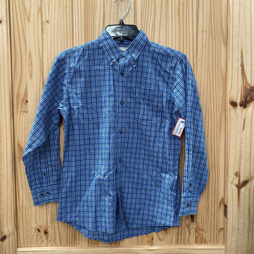 BOYS WRANGLER RIATA LS BLUE PLAID BUTTON UP SHIRTT L 10/12