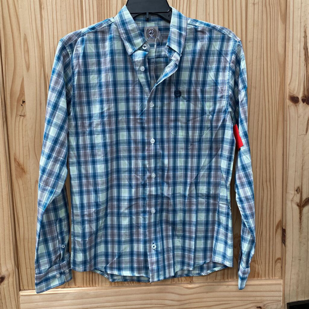 BOYS CINCH LS TEAL/WHITE/LT GREEN PLAID BUTTON UP SHIRT L 12 NWT