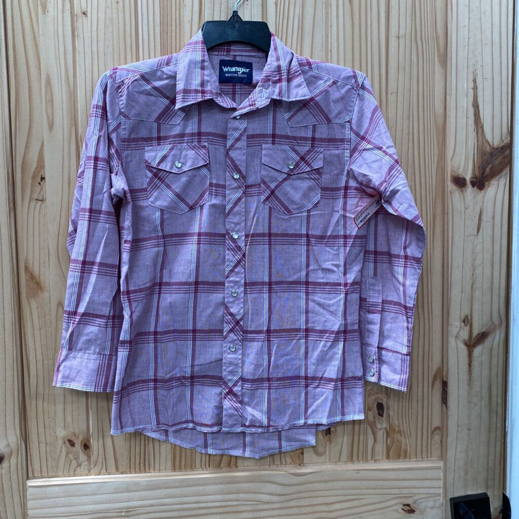 BOYS WRANGLER LS PURPLE PLAID PEARL SNAP SHIRT L 10/12