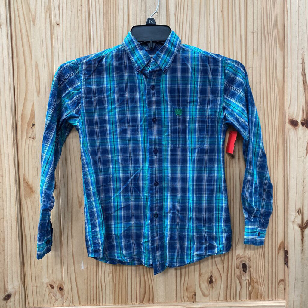 BOYS CINCH LS BUTTON UP SHIRT GREEN/CYAN/WHITE M 10