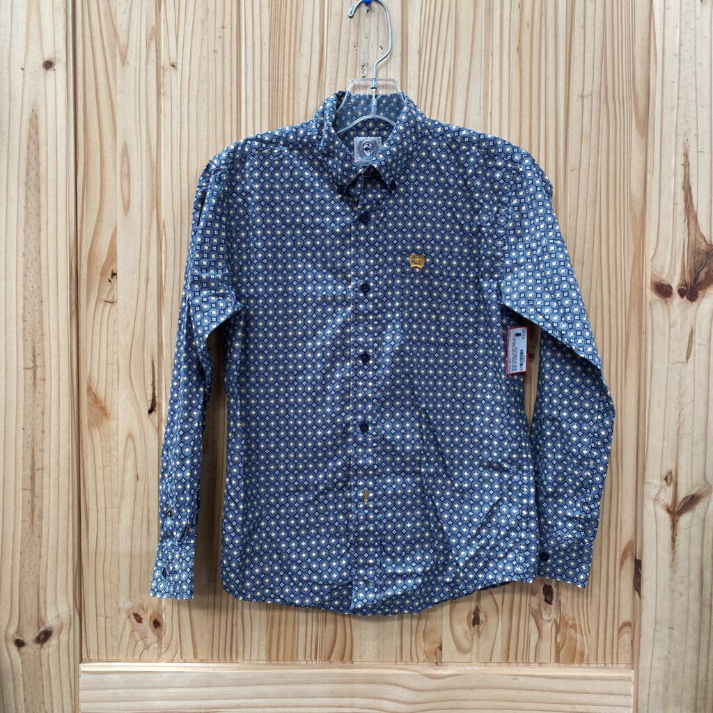 BOYS CINCH LS BUTTON UP SHIRT FOLDEN YELLOW/NAVY BLUE M 10