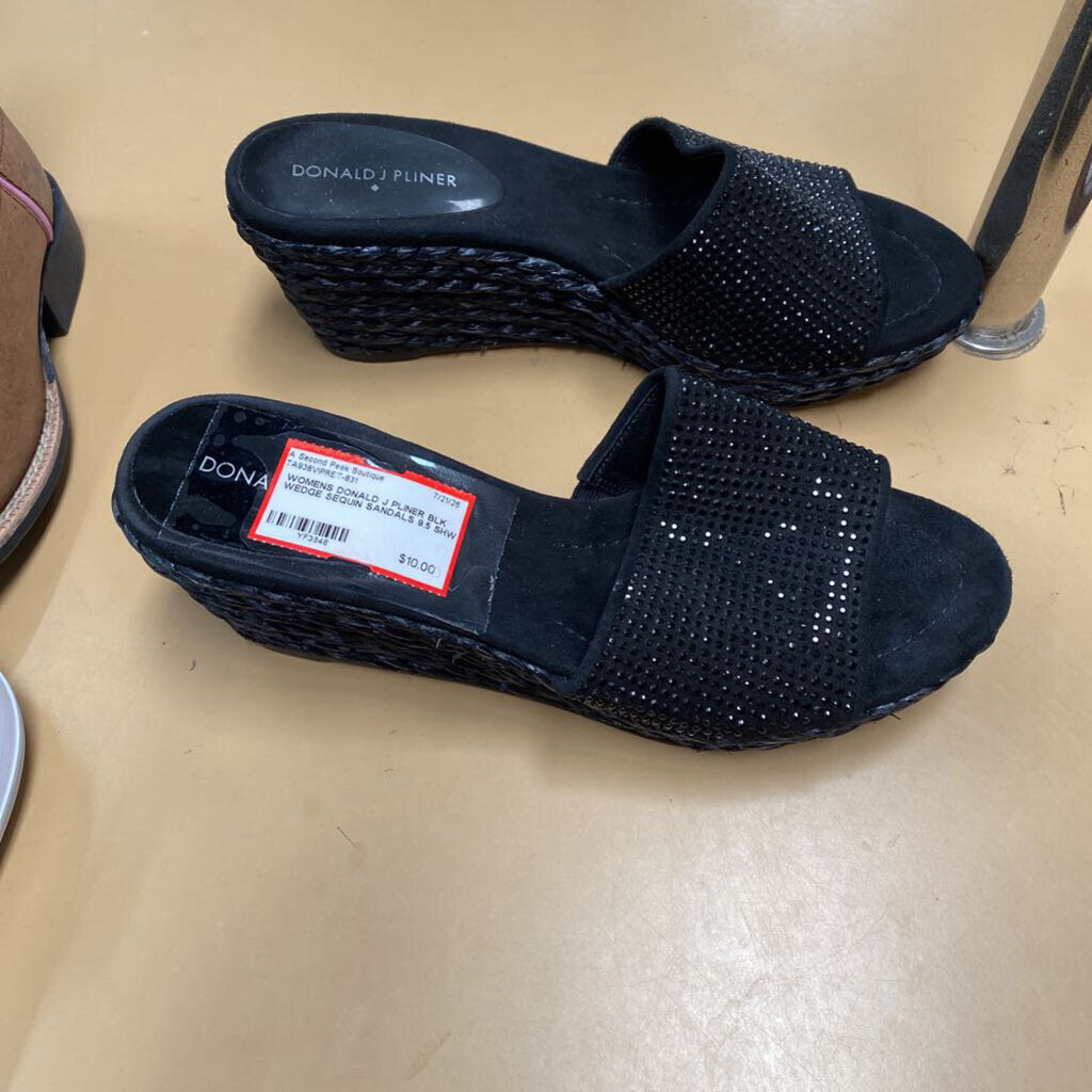 WOMENS DONALD J PLINER BLK WEDGE SEQUIN SANDALS 9.5