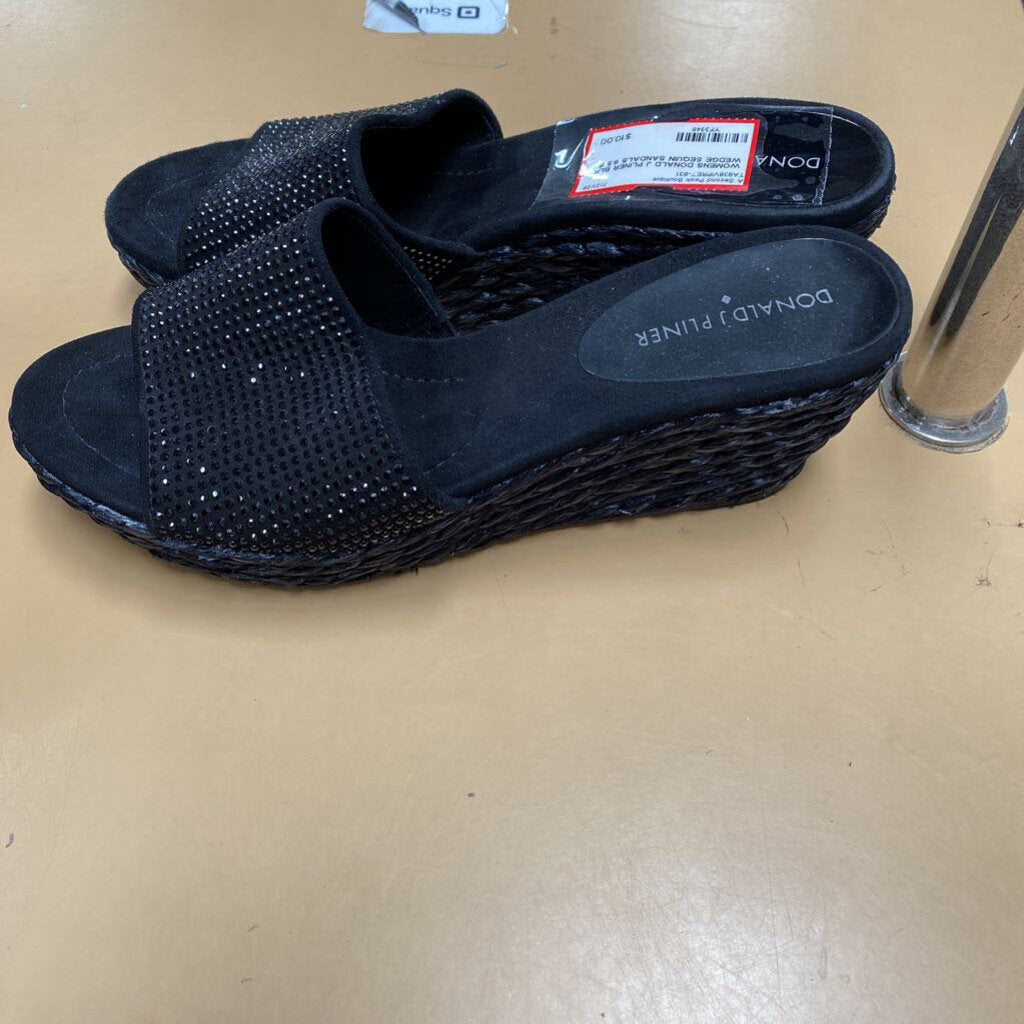 WOMENS DONALD J PLINER BLK WEDGE SEQUIN SANDALS 9.5