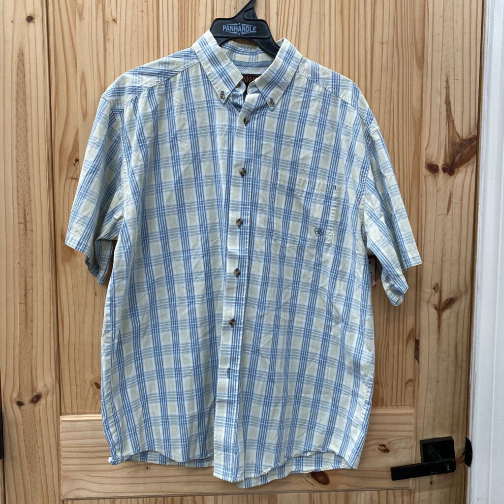 MENS ARIAT BUTTON IP PLAID SHIRT LT BLUE/WHITE/LT GREEN XL
